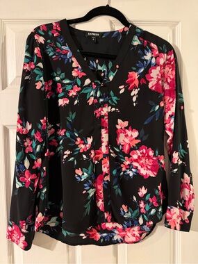 Express Black Floral Long-Sleeve Blouse with Pink & Green Print